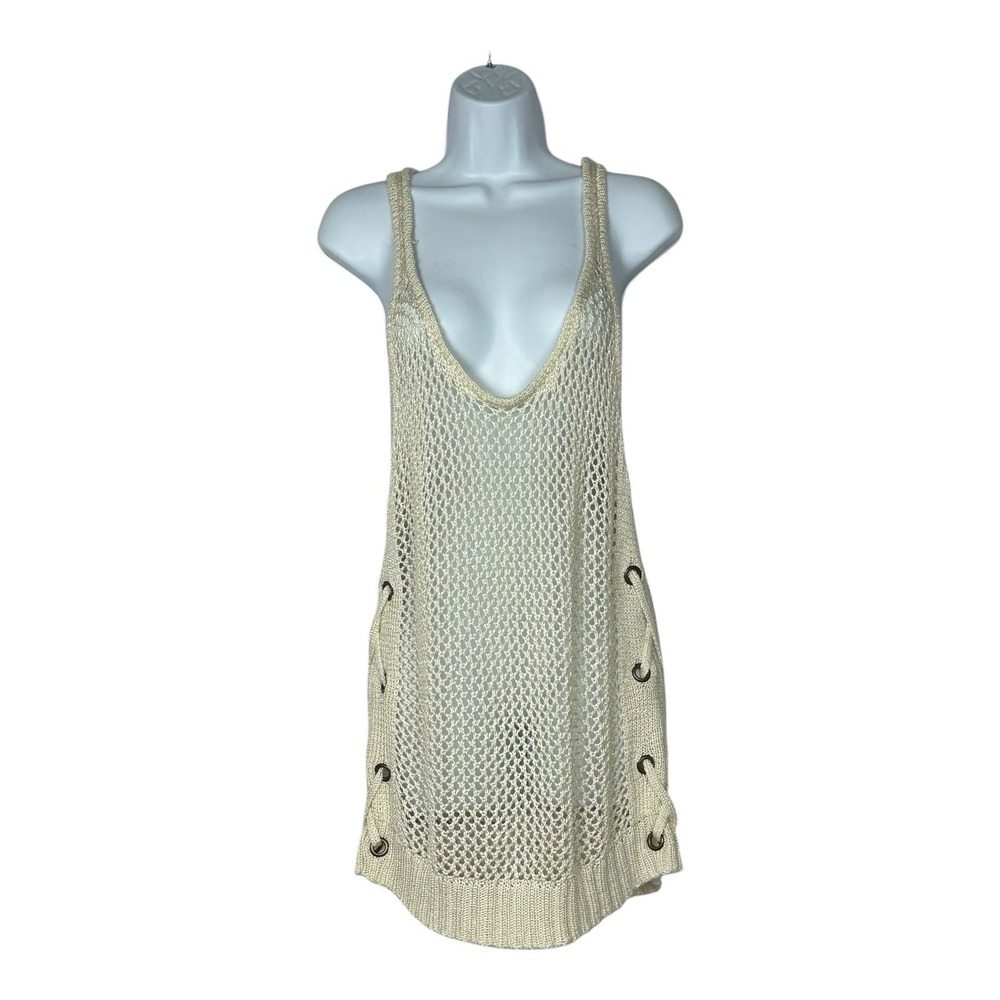 Ava Couture Womens Open Knit Tank‎ Sweater Top Dress Size M Cream Side Lacing